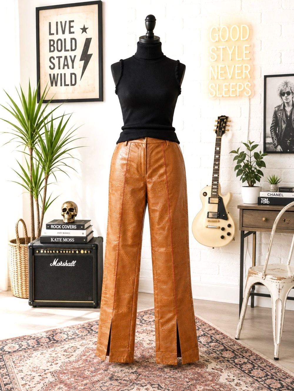 PrettyLittleThing Camel Faux Leather Slit Pants Size 6